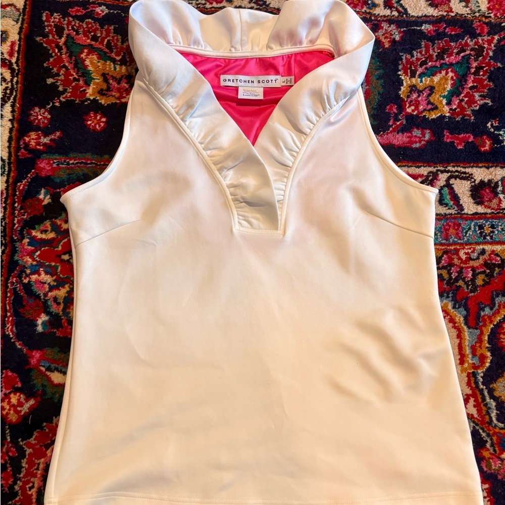 Gretchen Scott Designs Pink Sleeveless Ruffled Polo Tank